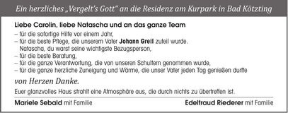 Traueranzeige Johann Greil