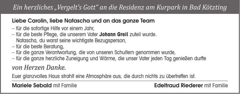 Traueranzeige Johann Greil