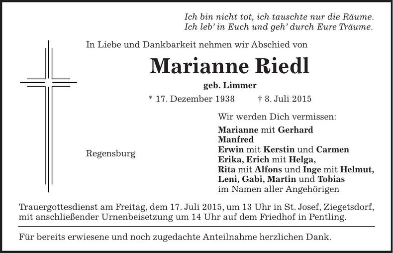 Traueranzeige Marianne Riedl