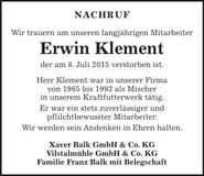 Traueranzeige Erwin Klement