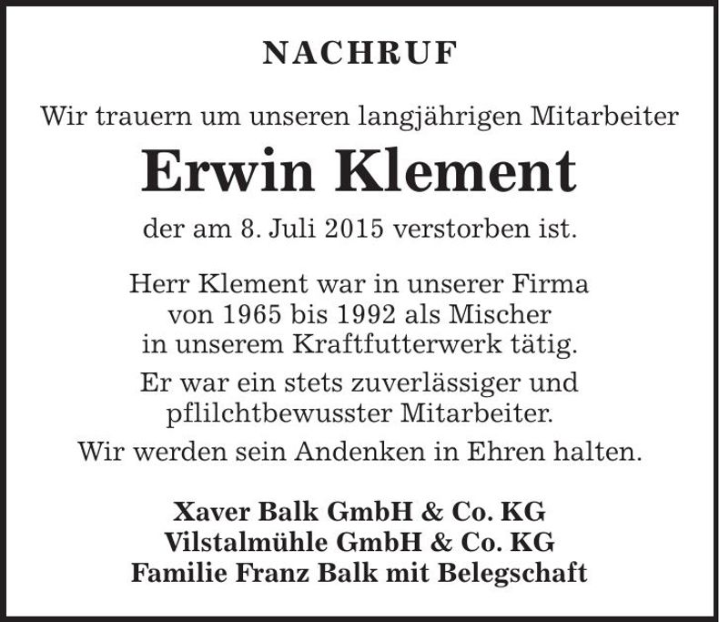 Traueranzeige Erwin Klement