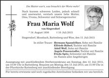 Traueranzeige Maria Wolf