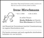 Traueranzeige Irene Hirschmann