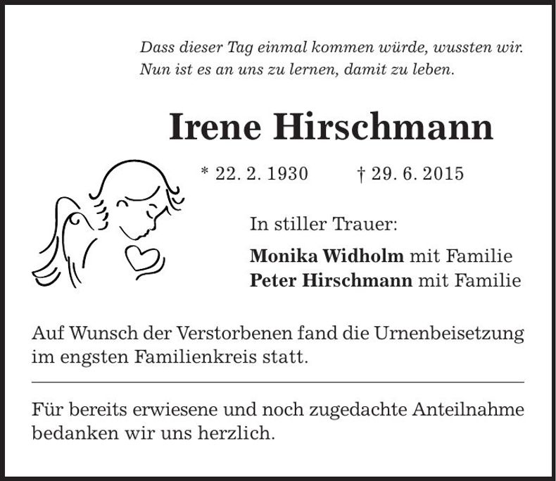Traueranzeige Irene Hirschmann