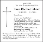 Traueranzeige Cäcilia Holmer