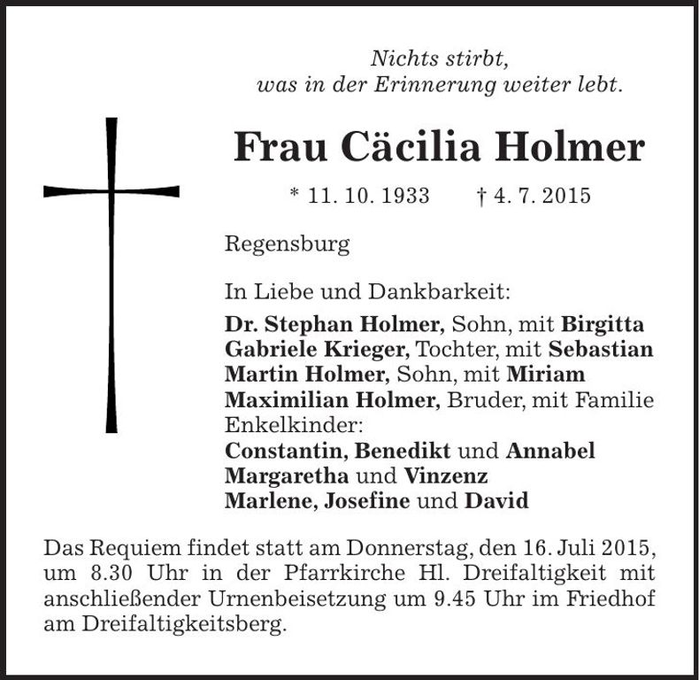Traueranzeige Cäcilia Holmer