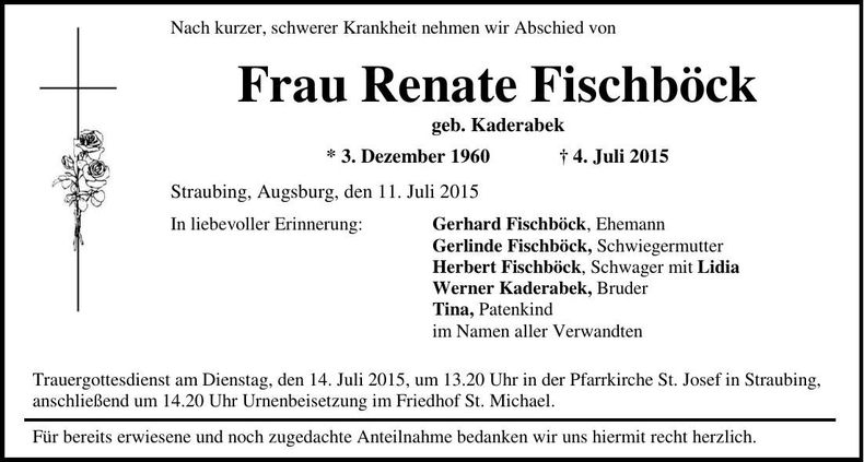 Traueranzeige Renate Fischböck