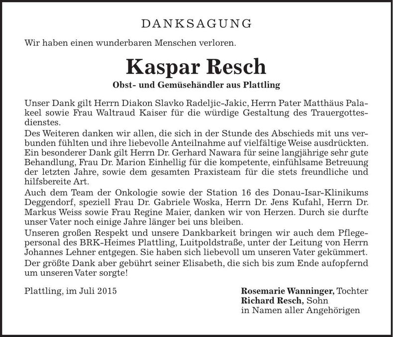 Traueranzeige Kaspar Resch