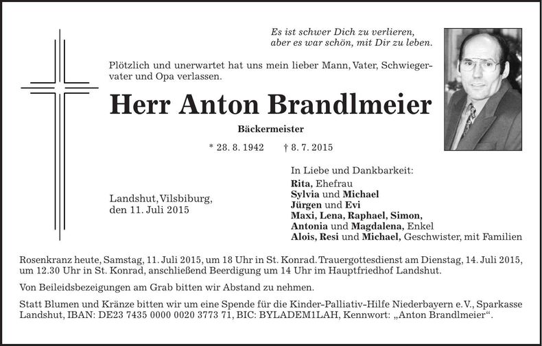 Traueranzeige Anton Brandlmeier