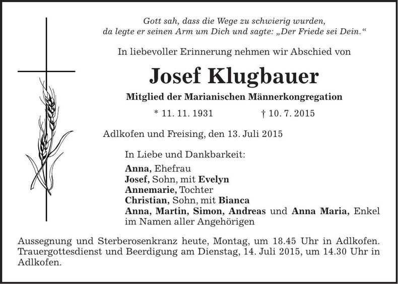 Traueranzeige Josef Klugbauer