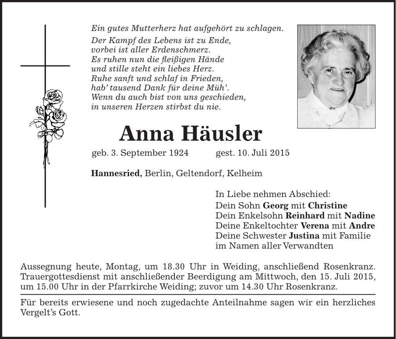 Traueranzeige Anna Häusler
