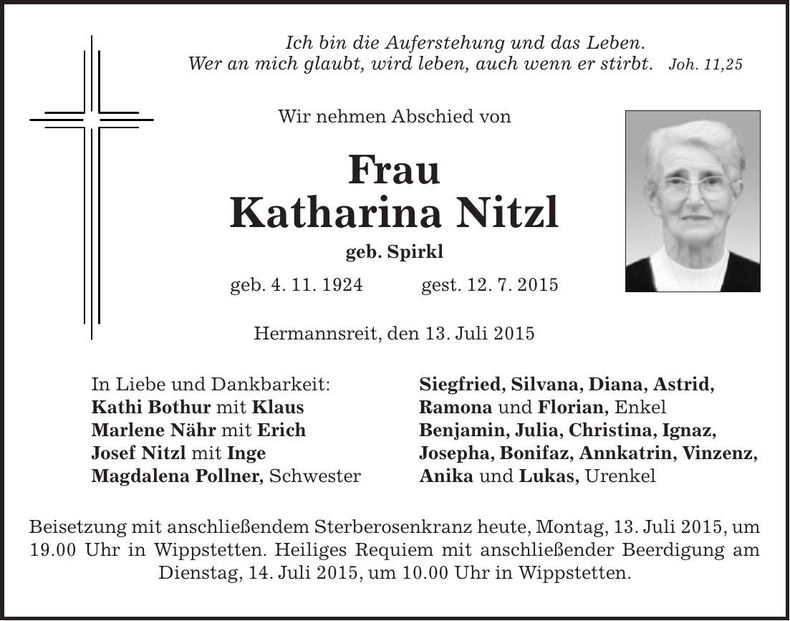 Traueranzeige Katharina Nitzl
