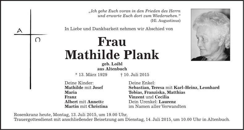 Traueranzeige Mathilde Plank