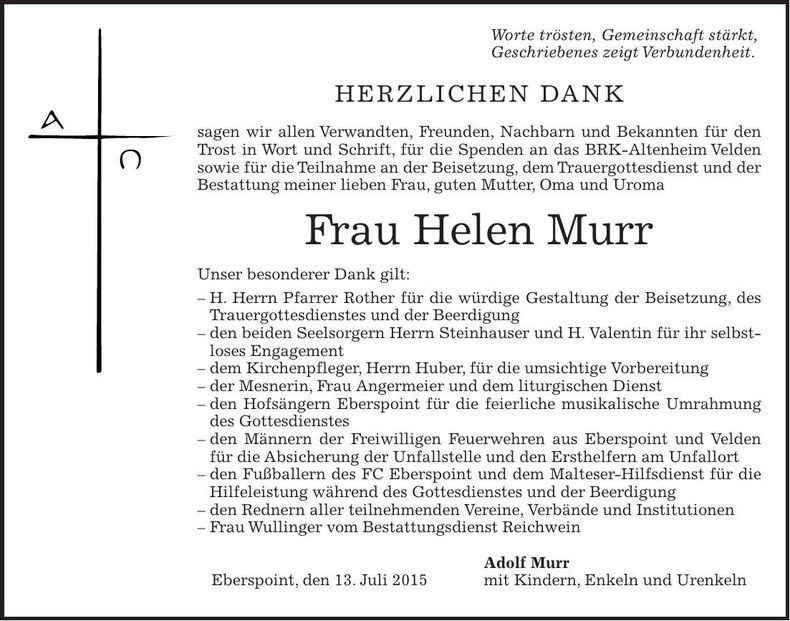 Traueranzeige Helen Murr