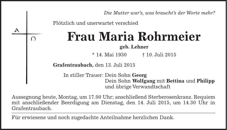 Traueranzeige Maria Rohrmeier