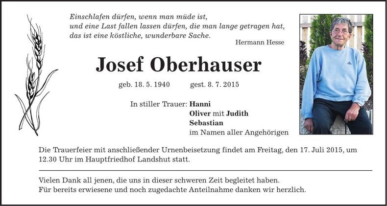 Traueranzeige Josef Oberhauser