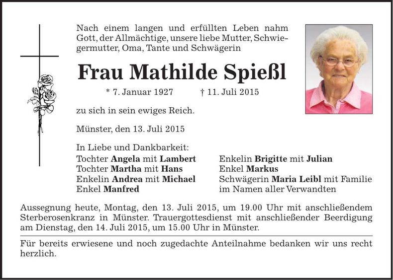 Traueranzeige Mathilde Spießl