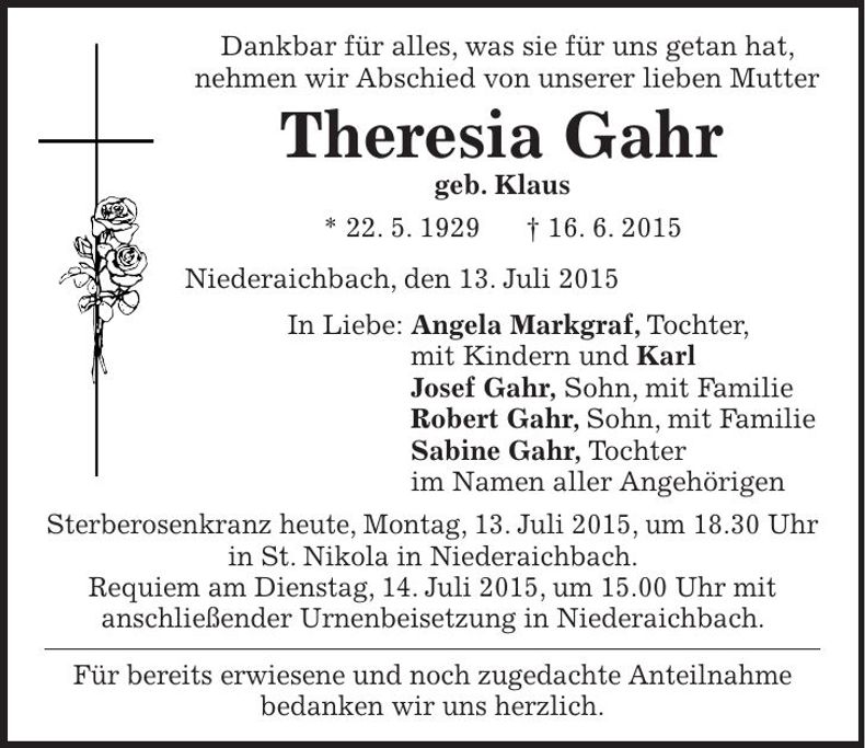Traueranzeige Theresia Gahr