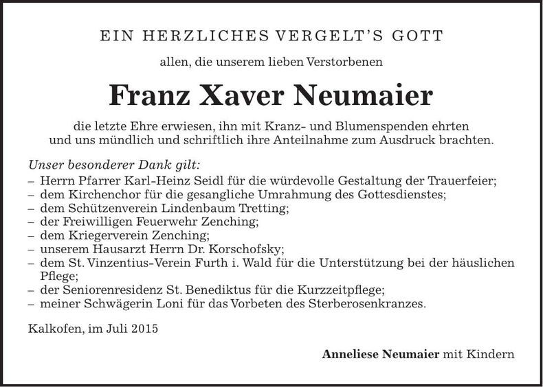 Traueranzeige Franz Xaver Neumaier
