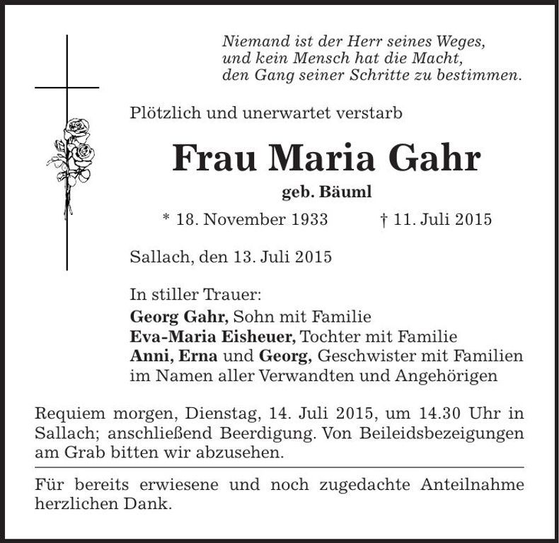 Traueranzeige Maria Gahr