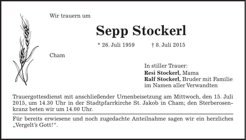 Traueranzeige Sepp Stockerl