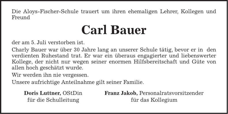 Traueranzeige Carl Bauer