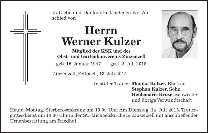 Traueranzeige Werner Kulzer