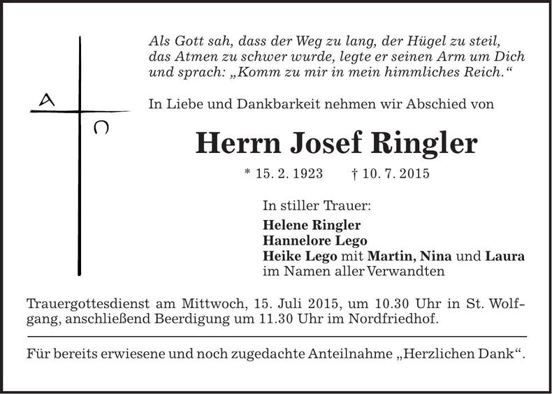 Traueranzeige Josef Ringler