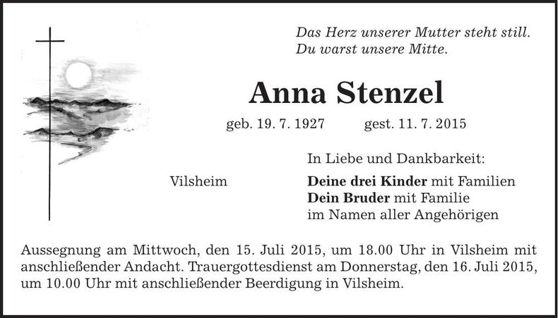 Traueranzeige Anna Stenzel
