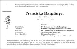 Traueranzeige Franziska Karpfinger