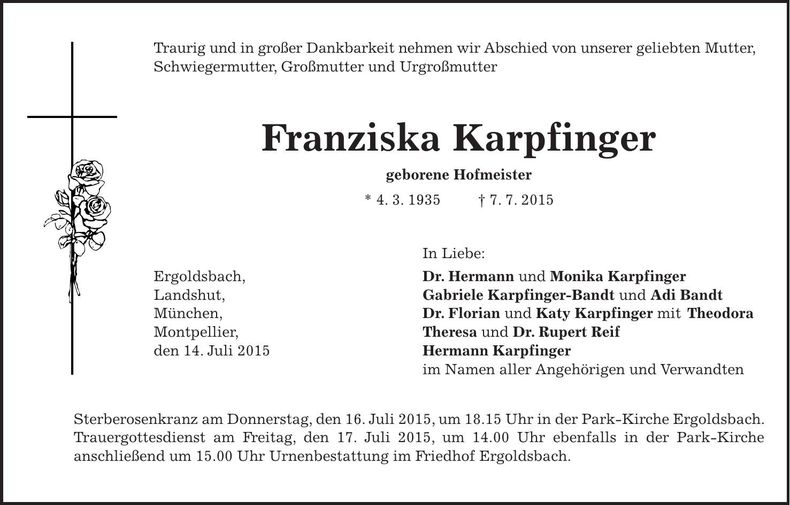 Traueranzeige Franziska Karpfinger