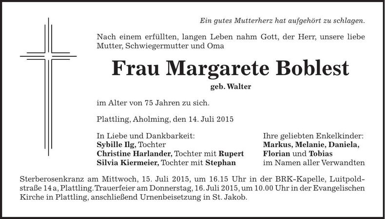 Traueranzeige Margarete Boblest