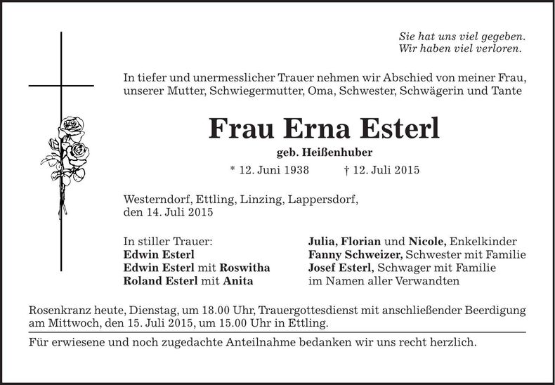 Traueranzeige Erna Esterl