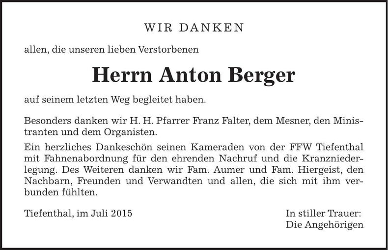 Traueranzeige Anton Berger