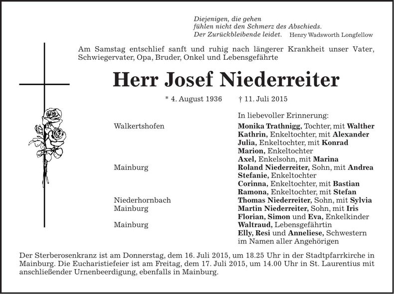 Traueranzeige Josef Niederreiter
