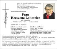 Traueranzeige Kreszenz Lohmeier