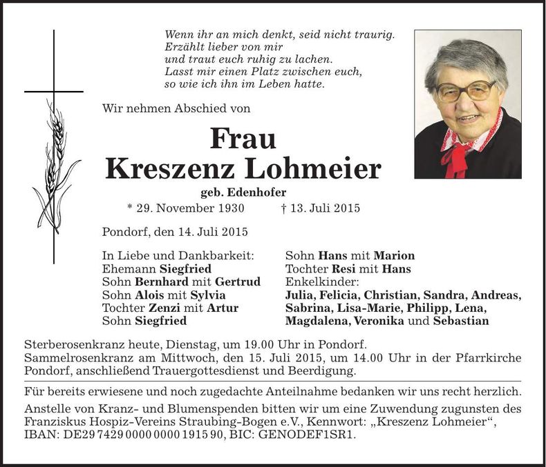 Traueranzeige Kreszenz Lohmeier