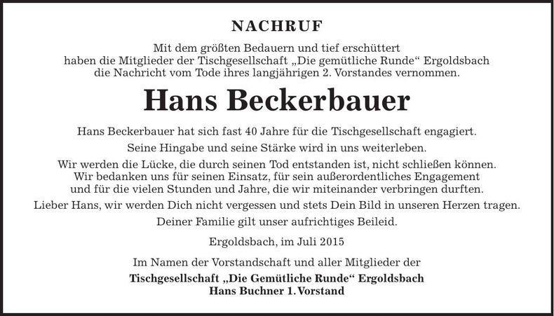 Traueranzeige Hans Beckerbauer