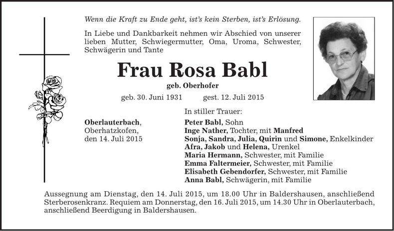 Traueranzeige Rosa Babl