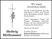 Traueranzeige Hedwig Hirthammer