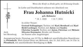 Traueranzeige Johanna Hutnicki