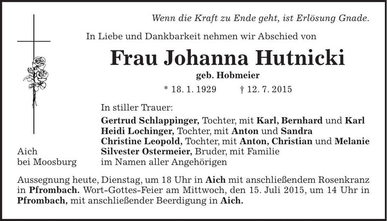 Traueranzeige Johanna Hutnicki