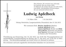Traueranzeige Ludwig Apfelbeck