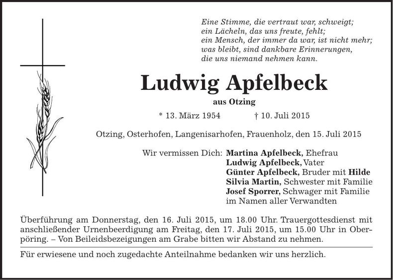 Traueranzeige Ludwig Apfelbeck