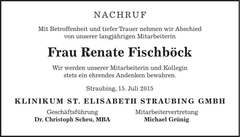 Traueranzeige Renate Fischböck