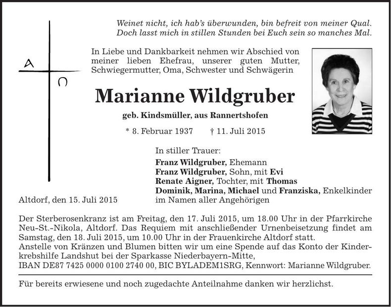 Traueranzeige Marianne Wildgruber
