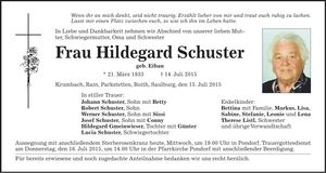 Traueranzeige Hildegard Schuster