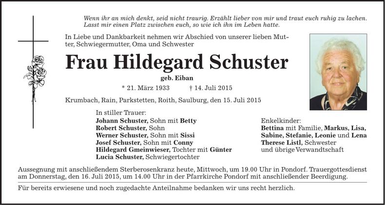Traueranzeige Hildegard Schuster