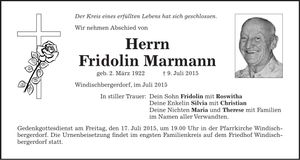Traueranzeige Fridolin Marmann