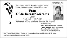 Traueranzeige Gilda Dereser-Gieraths